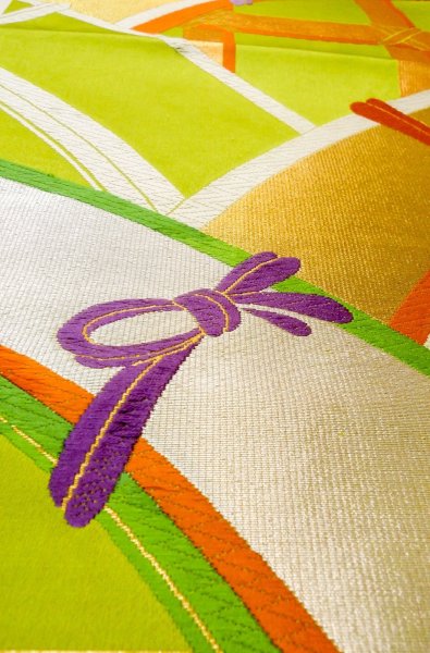 Photo10: P0207D Vintage Japanese Kimono   Yellowish Green  FUKURO OBI sash Line Silk. (Grade B) (10)