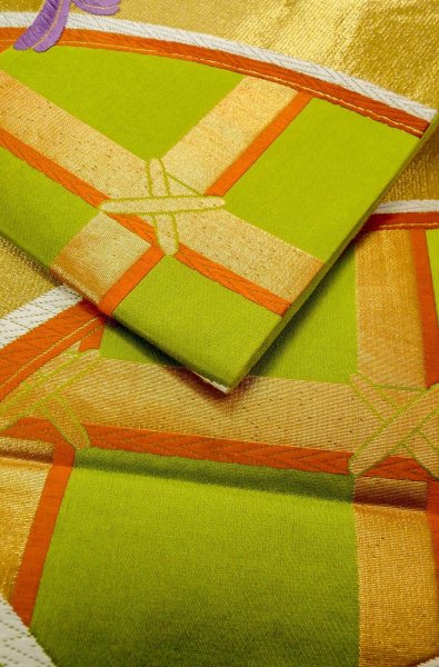 Photo11: P0207D Vintage Japanese Kimono   Yellowish Green  FUKURO OBI sash Line Silk. (Grade B) (11)