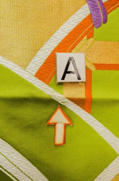 Photo12: P0207D Vintage Japanese Kimono   Yellowish Green  FUKURO OBI sash Line Silk. (Grade B) (12)