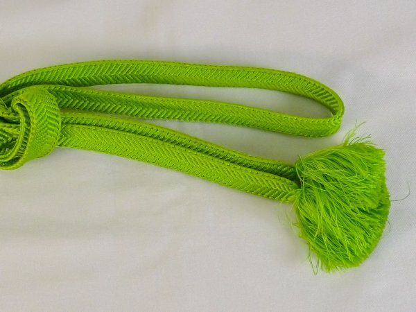 Photo4: P0219XA Vintage Japanese Kimono   Yellowish Green  OBIJIME decorative string/cord/rope  Geometrical pattern Silk. (Grade B) (4)