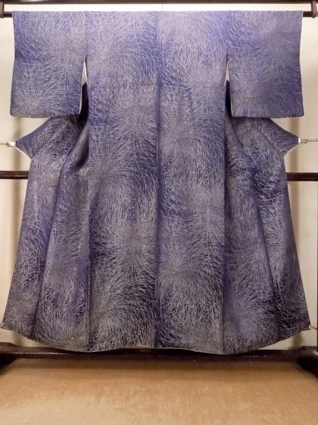 Photo1: P0225A Antique Japanese kimono Dark Purple ORI woven for women / Silk. Chrysanthemum (Grade B) (1)