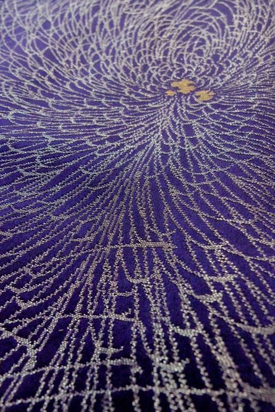 Photo10: P0225A Antique Japanese kimono Dark Purple ORI woven for women / Silk. Chrysanthemum (Grade B) (10)