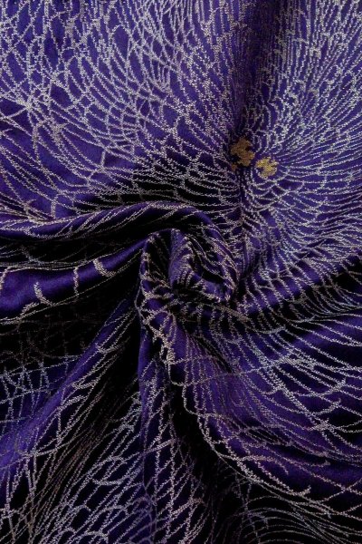 Photo11: P0225A Antique Japanese kimono Dark Purple ORI woven for women / Silk. Chrysanthemum (Grade B) (11)