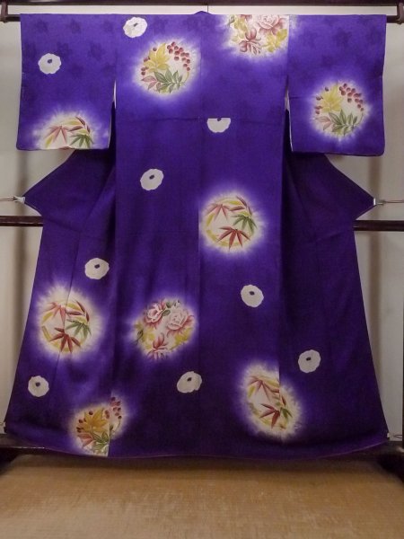 Photo1: P0225B Antique Japanese kimono Shiny Purple KOMON dyed for women / Silk. Rose (Grade C) (1)