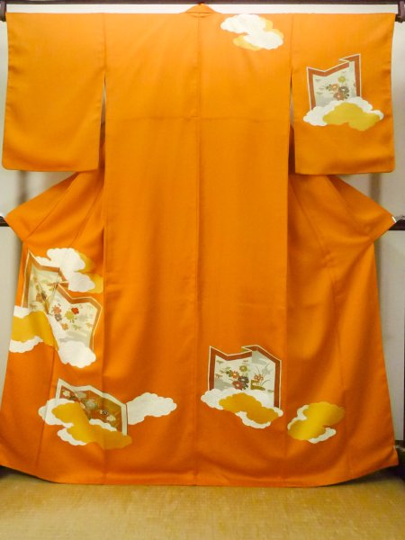 Photo1: P0225D Vintage Japanese kimono Vivid Orange TSUKESAGE formal for women / Silk. Peony (Grade B) (1)