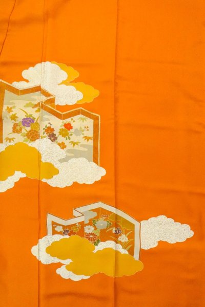 Photo3: P0225D Vintage Japanese kimono Vivid Orange TSUKESAGE formal for women / Silk. Peony (Grade B) (3)