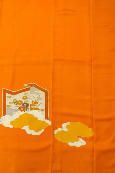 Photo4: P0225D Vintage Japanese kimono Vivid Orange TSUKESAGE formal for women / Silk. Peony (Grade B) (4)