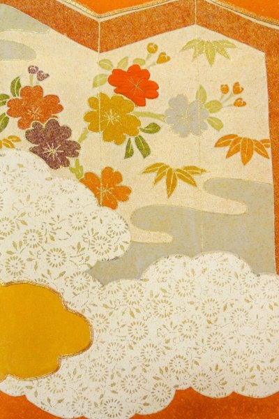 Photo5: P0225D Vintage Japanese kimono Vivid Orange TSUKESAGE formal for women / Silk. Peony (Grade B) (5)