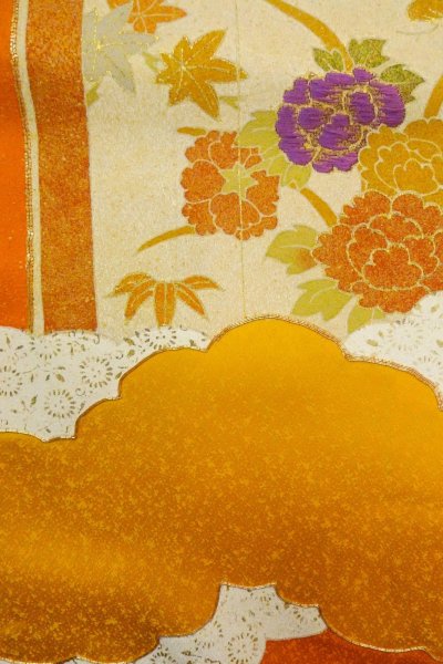 Photo6: P0225D Vintage Japanese kimono Vivid Orange TSUKESAGE formal for women / Silk. Peony (Grade B) (6)