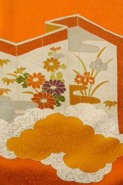 Photo7: P0225D Vintage Japanese kimono Vivid Orange TSUKESAGE formal for women / Silk. Peony (Grade B) (7)