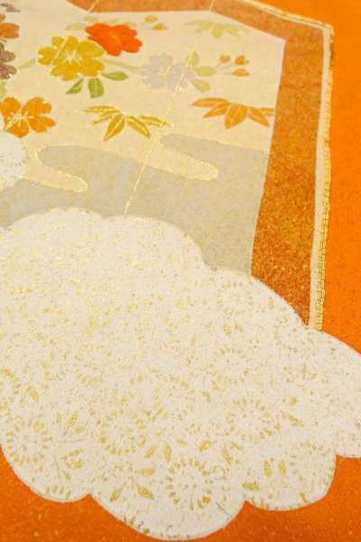 Photo8: P0225D Vintage Japanese kimono Vivid Orange TSUKESAGE formal for women / Silk. Peony (Grade B) (8)