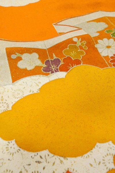 Photo10: P0225D Vintage Japanese kimono Vivid Orange TSUKESAGE formal for women / Silk. Peony (Grade B) (10)