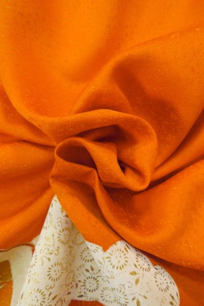 Photo12: P0225D Vintage Japanese kimono Vivid Orange TSUKESAGE formal for women / Silk. Peony (Grade B) (12)
