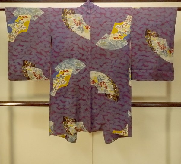 Photo2: P0312C Antique Japanese kimono Dark Purple HAORI short jacket for women / Silk. MOMIJI maple leaf (2)