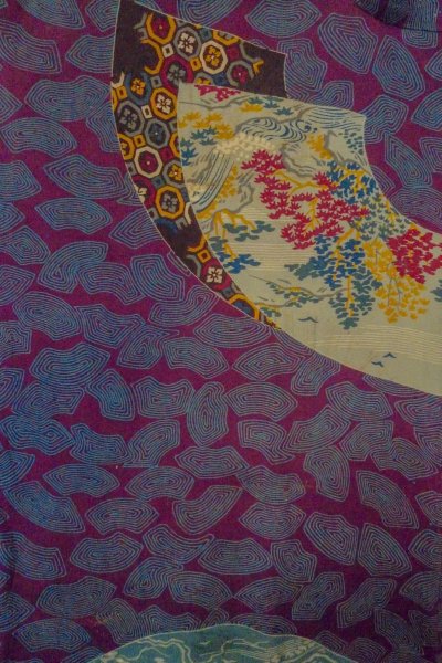 Photo3: P0312C Antique Japanese kimono Dark Purple HAORI short jacket for women / Silk. MOMIJI maple leaf (3)