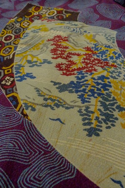 Photo9: P0312C Antique Japanese kimono Dark Purple HAORI short jacket for women / Silk. MOMIJI maple leaf (9)