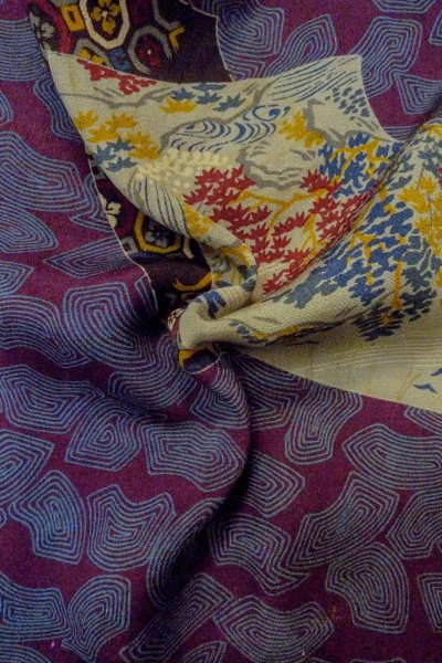 Photo12: P0312C Antique Japanese kimono Dark Purple HAORI short jacket for women / Silk. MOMIJI maple leaf (12)
