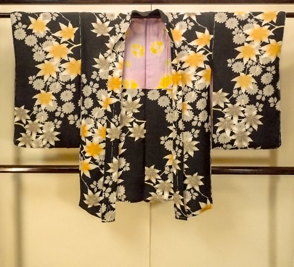 Photo1: P0312D Antique Japanese kimono Black HAORI short jacket for women / Silk. Chrysanthemum, More damages (Grade C) (1)