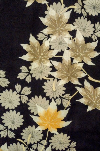 Photo3: P0312D Antique Japanese kimono Black HAORI short jacket for women / Silk. Chrysanthemum, More damages (Grade C) (3)