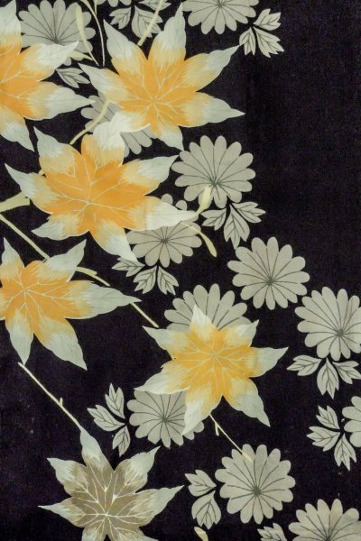 Photo4: P0312D Antique Japanese kimono Black HAORI short jacket for women / Silk. Chrysanthemum, More damages (Grade C) (4)