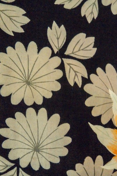 Photo7: P0312D Antique Japanese kimono Black HAORI short jacket for women / Silk. Chrysanthemum, More damages (Grade C) (7)