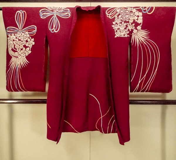 Photo1: P0312F Antique Japanese kimono Dark Red HAORI short jacket for women / Silk. Chrysanthemum (Grade B) (1)