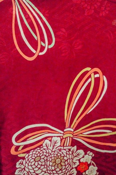 Photo4: P0312F Antique Japanese kimono Dark Red HAORI short jacket for women / Silk. Chrysanthemum (Grade B) (4)