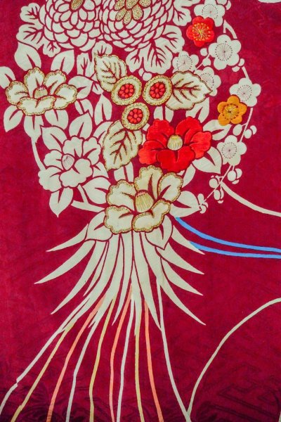 Photo5: P0312F Antique Japanese kimono Dark Red HAORI short jacket for women / Silk. Chrysanthemum (Grade B) (5)