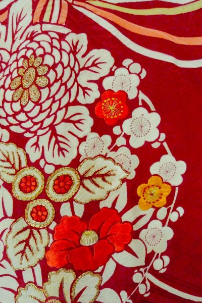 Photo7: P0312F Antique Japanese kimono Dark Red HAORI short jacket for women / Silk. Chrysanthemum (Grade B) (7)