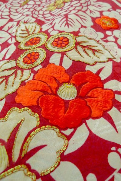 Photo9: P0312F Antique Japanese kimono Dark Red HAORI short jacket for women / Silk. Chrysanthemum (Grade B) (9)