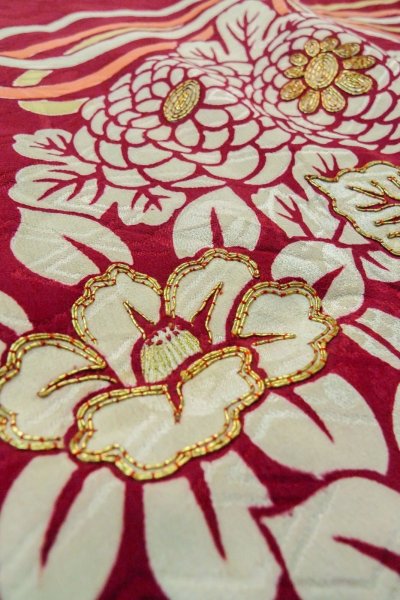 Photo10: P0312F Antique Japanese kimono Dark Red HAORI short jacket for women / Silk. Chrysanthemum (Grade B) (10)