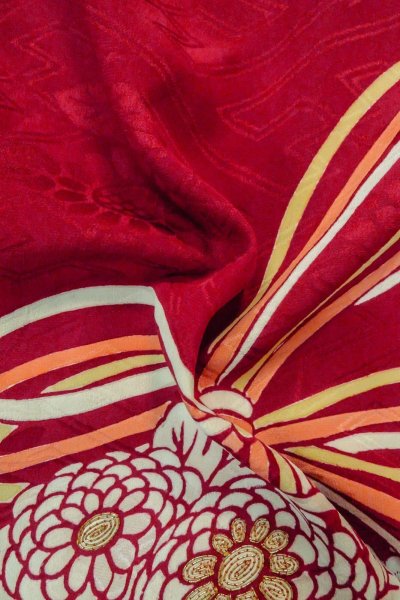 Photo12: P0312F Antique Japanese kimono Dark Red HAORI short jacket for women / Silk. Chrysanthemum (Grade B) (12)