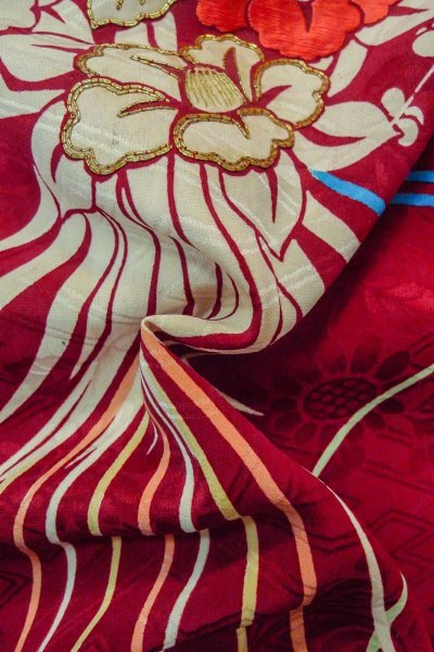 Photo13: P0312F Antique Japanese kimono Dark Red HAORI short jacket for women / Silk. Chrysanthemum (Grade B) (13)