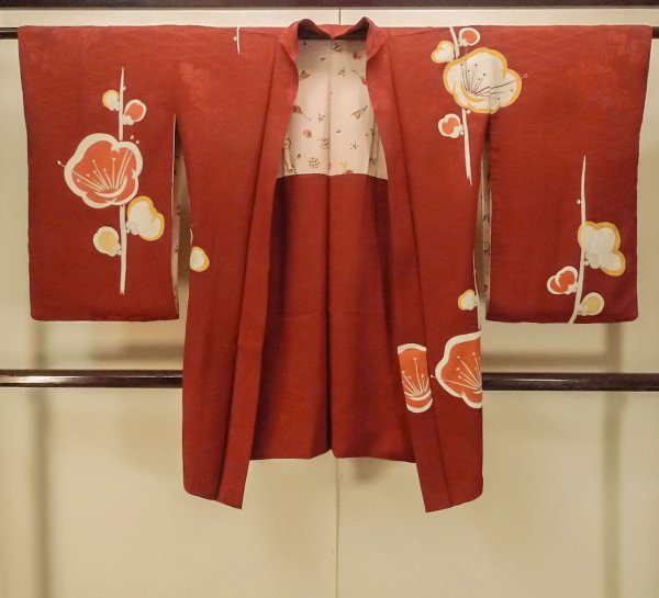 Photo1: P0312I Antique Japanese kimono Dark Red HAORI short jacket for women / Silk. UME plum bloom (Grade C) (1)