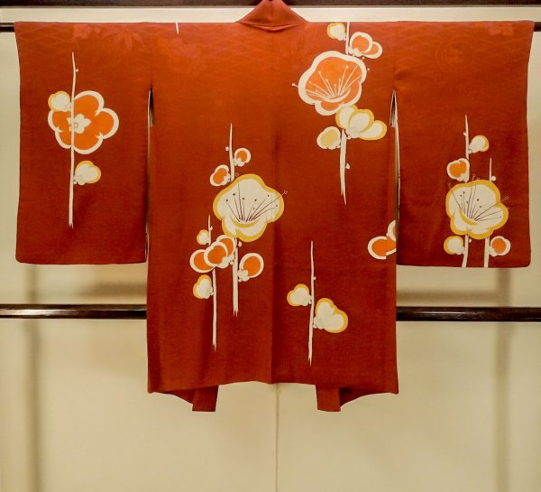 Photo2: P0312I Antique Japanese kimono Dark Red HAORI short jacket for women / Silk. UME plum bloom (Grade C) (2)