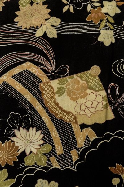 Photo5: P0312J Antique Japanese kimono Black HAORI short jacket for women / Silk. Chrysanthemum (Grade C) (5)