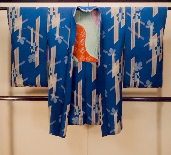 Photo1: P0312M Antique Japanese kimono Blue HAORI short jacket for women / Silk. MOMIJI maple leaf (Grade B) (1)
