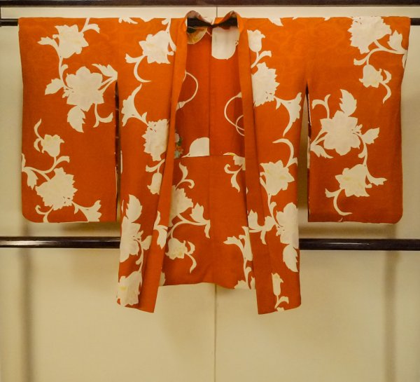 Photo1: P0312N Antique Japanese kimono Reddish Orange HAORI short jacket for women / Silk. Chinese flower (Grade C) (1)