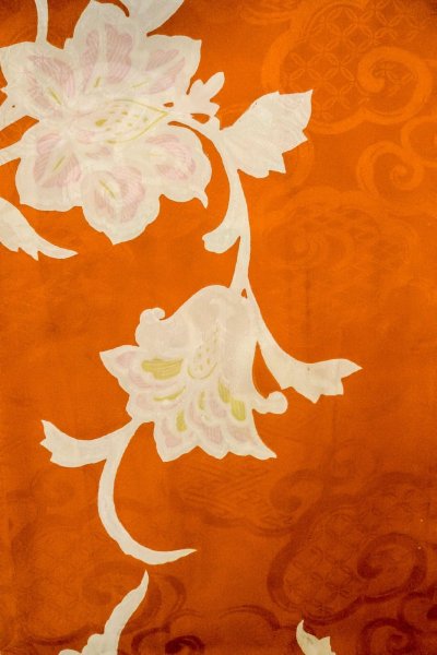 Photo3: P0312N Antique Japanese kimono Reddish Orange HAORI short jacket for women / Silk. Chinese flower (Grade C) (3)