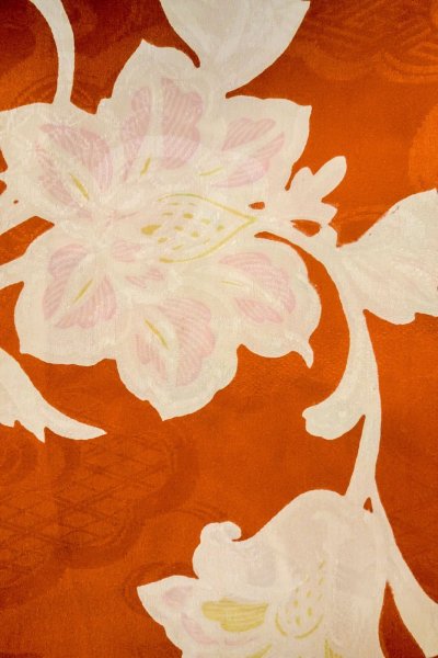 Photo6: P0312N Antique Japanese kimono Reddish Orange HAORI short jacket for women / Silk. Chinese flower (Grade C) (6)