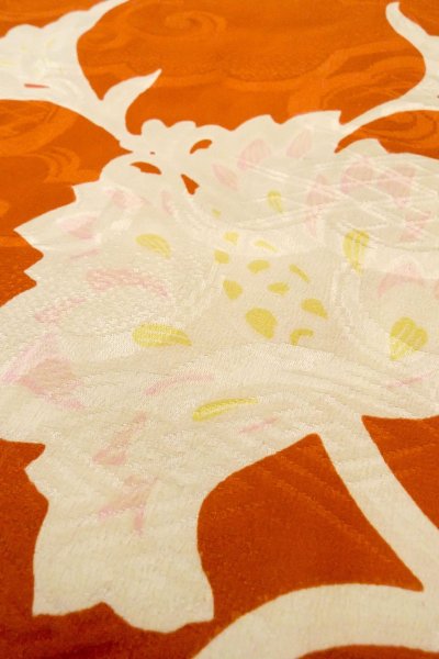 Photo9: P0312N Antique Japanese kimono Reddish Orange HAORI short jacket for women / Silk. Chinese flower (Grade C) (9)