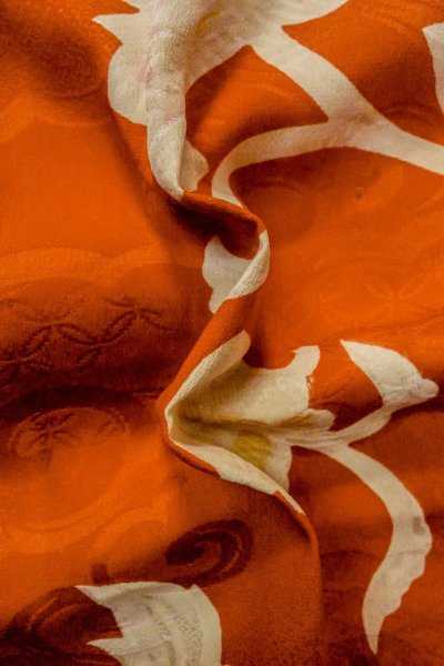 Photo12: P0312N Antique Japanese kimono Reddish Orange HAORI short jacket for women / Silk. Chinese flower (Grade C) (12)