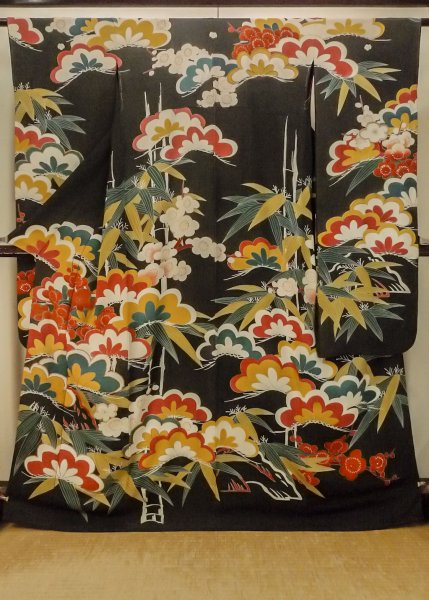 Photo1: P0312O Antique Japanese kimono Black FURISODE long-sleeved for women / Silk. UME plum bloom (Grade C) (1)