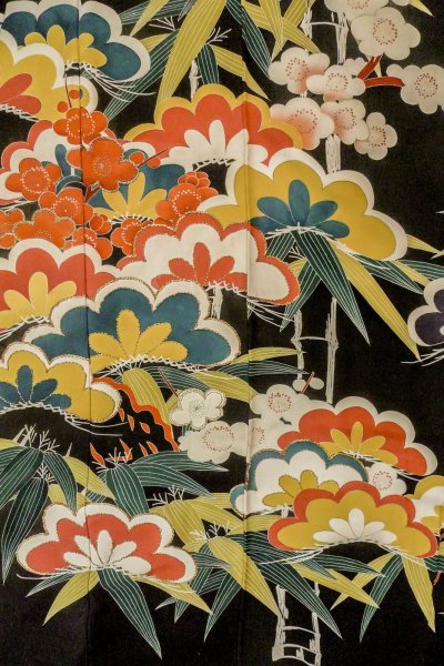Photo6: P0312O Antique Japanese kimono Black FURISODE long-sleeved for women / Silk. UME plum bloom (Grade C) (6)