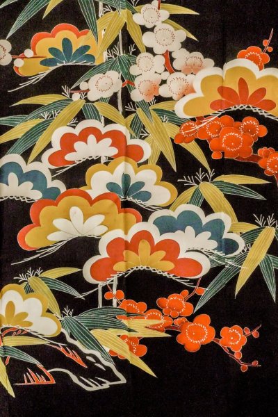 Photo7: P0312O Antique Japanese kimono Black FURISODE long-sleeved for women / Silk. UME plum bloom (Grade C) (7)