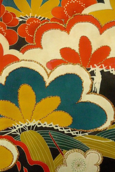 Photo12: P0312O Antique Japanese kimono Black FURISODE long-sleeved for women / Silk. UME plum bloom (Grade C) (12)