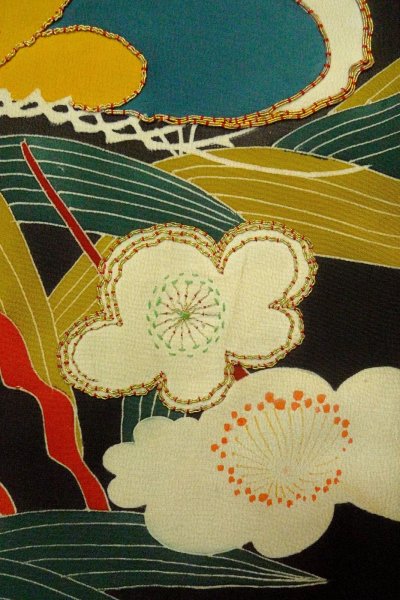 Photo14: P0312O Antique Japanese kimono Black FURISODE long-sleeved for women / Silk. UME plum bloom (Grade C) (14)