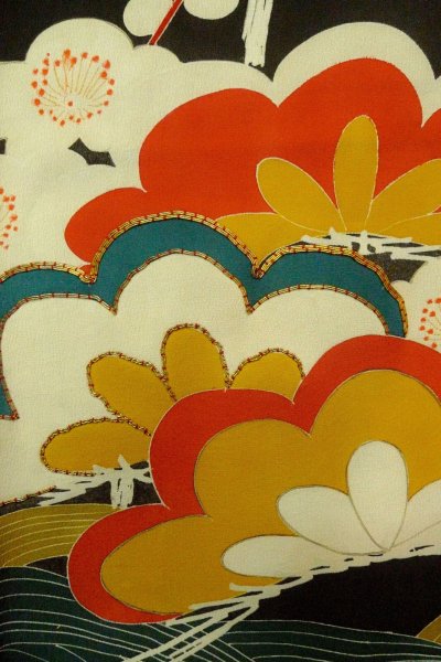 Photo16: P0312O Antique Japanese kimono Black FURISODE long-sleeved for women / Silk. UME plum bloom (Grade C) (16)