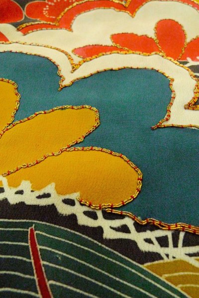Photo18: P0312O Antique Japanese kimono Black FURISODE long-sleeved for women / Silk. UME plum bloom (Grade C) (18)