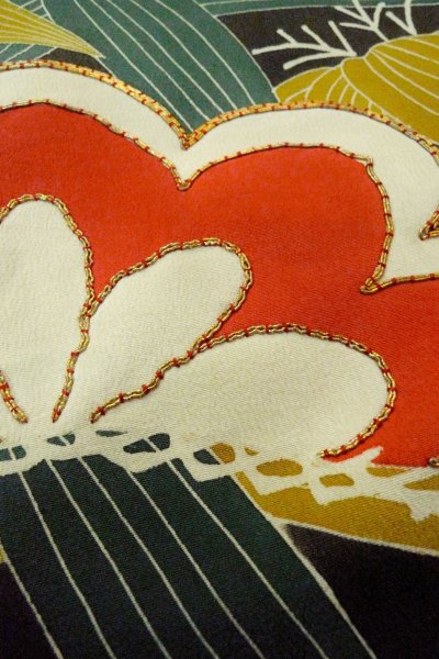 Photo19: P0312O Antique Japanese kimono Black FURISODE long-sleeved for women / Silk. UME plum bloom (Grade C) (19)